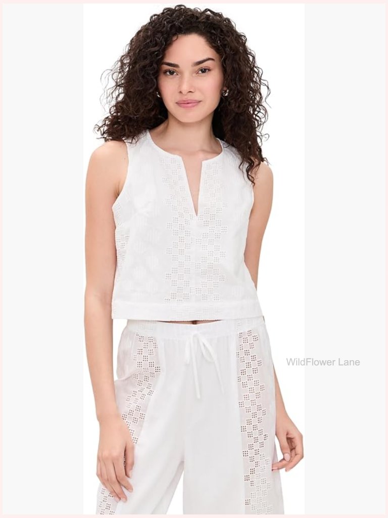 Geo Eyelet Split Neck Tank Top - Lightweight Cotton